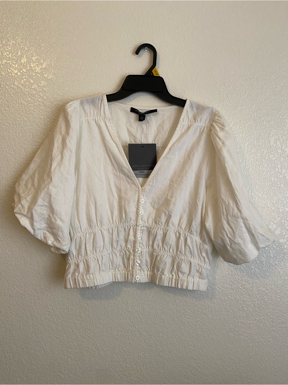 ***PRICE DROP*** Marc New York White Button-Front Puff Sleeve Crop Top Linen S